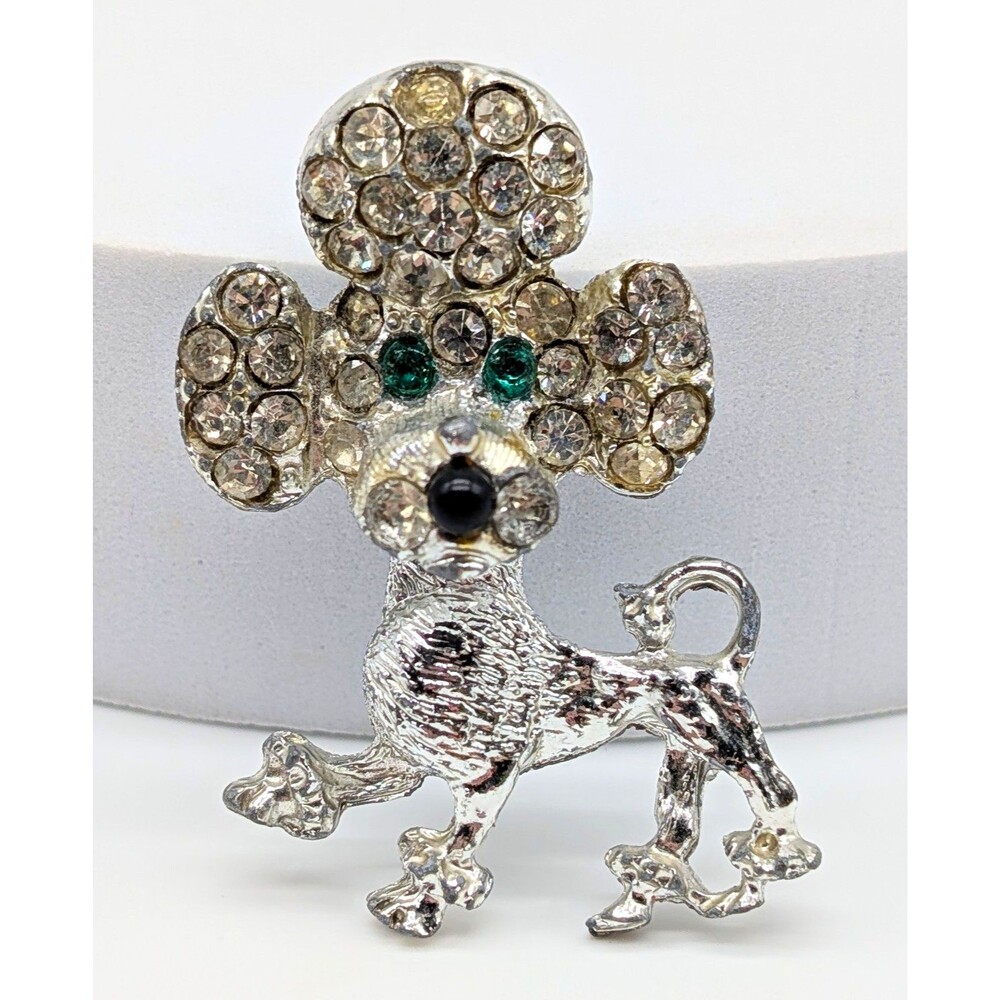 Vintage Silver Tone Poodle Dog Brooch Pin Clear Green Rhinestones 2.25
